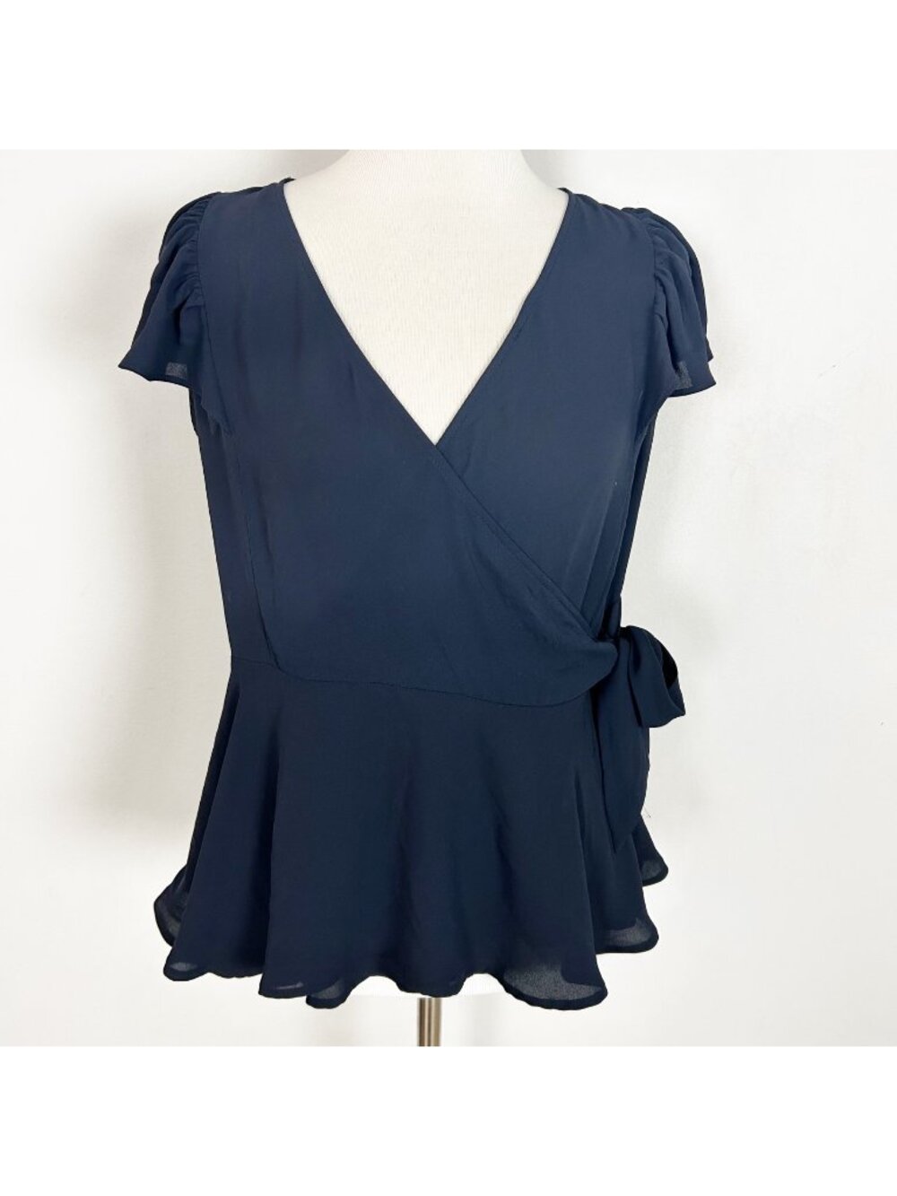 Loft Navy Blue Wrap Top Ruffle Hem & Sleeve Size XS Women's